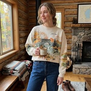 Vtg 90s Lifestyles Lake Tahoe Autumn Sweatshirt AOP Nature Scene Deer Bridge OS